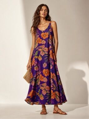 BRAEMAR Floral Maxi Dress Rayon Purple Tropical Flowy A-Line